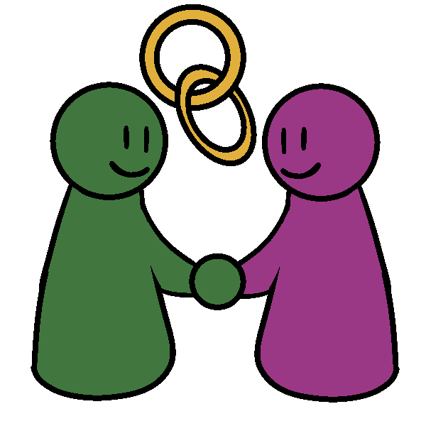 A green figure and a pink figure holding hands and smiling, with connected golden rings between them.